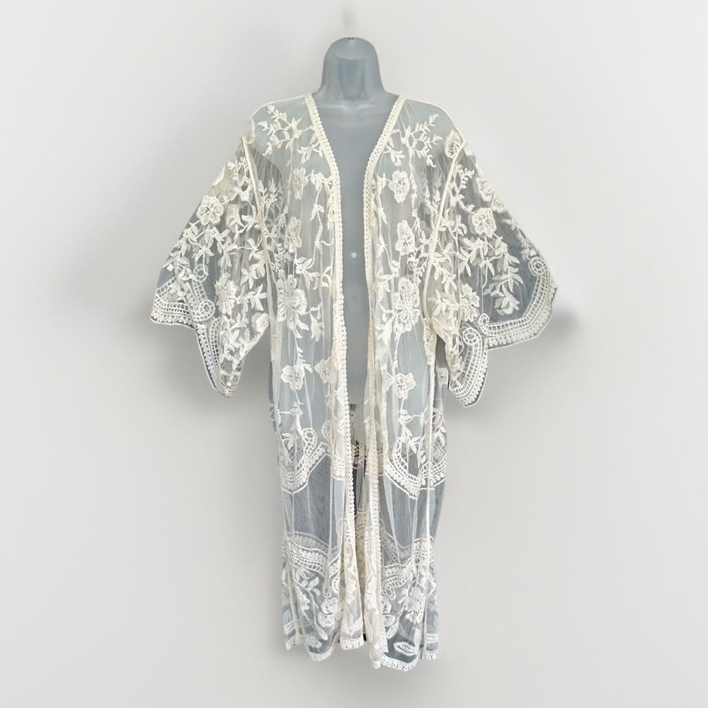 Floral Open Front Lace Cardigan Women's S/M Ivory Beach Boho Retro Festival